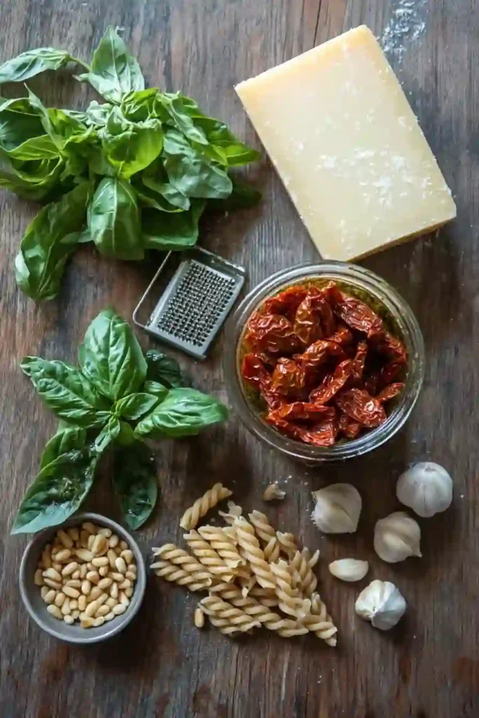 The Best Red Pesto Pasta. 2 Flat lay of ingredients for red pesto pasta including sun-dried tomatoes, basil, pine nuts, garlic, Parmesan cheese, and fusilli pasta on a wooden background.