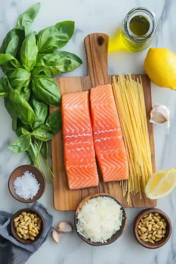 How To Make Perfect Salmon Pesto Pasta ? 2 Flat lay of fresh ingredients for salmon pesto pasta, including salmon fillets, spaghetti, basil, pine nuts, Parmesan cheese, garlic, lemon, and olive oil.