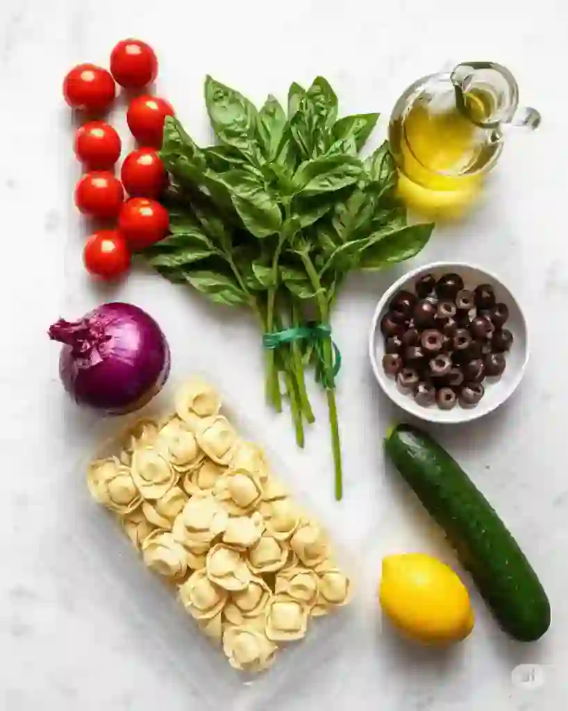Easy Tortellini Pasta Salad: 2 Ingredients for a homemade tortellini salad: tortellini, tomatoes, basil, onion, cucumber, olives, lemon, and olive oil.