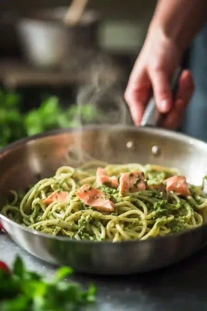 How To Make Perfect Salmon Pesto Pasta ? 4 Eye-level action shot of hands tossing steaming salmon pesto pasta in a stainless steel pan.