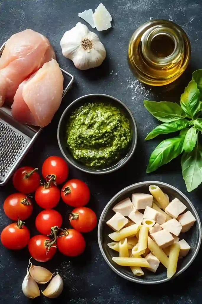 Chicken Pesto Pasta 2 A flat lay arrangement of ingredients for chicken pesto pasta, including raw chicken breasts, penne pasta, cherry tomatoes, garlic cloves, a bowl of pesto, fresh basil leaves, olive oil, and a block of Parmesan cheese with a grater.