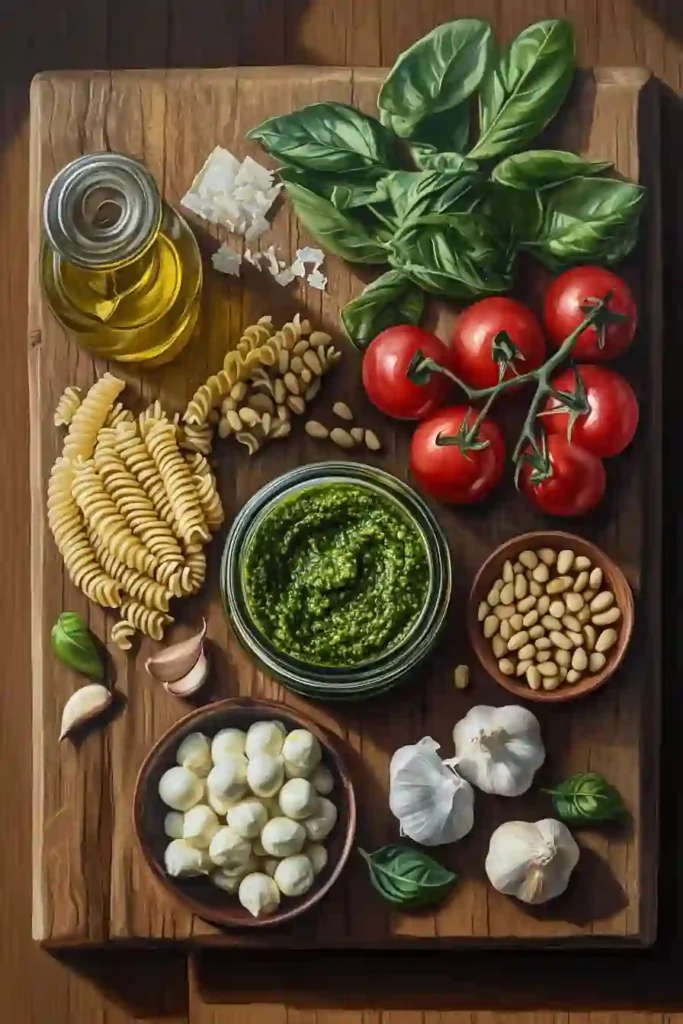 Pesto Pasta Salad Recipe. 2 Ingredients for pesto pasta salad (pasta, pesto, basil, tomatoes, mozzarella, pine nuts, garlic, oil, parmesan) laid out on a wooden board.