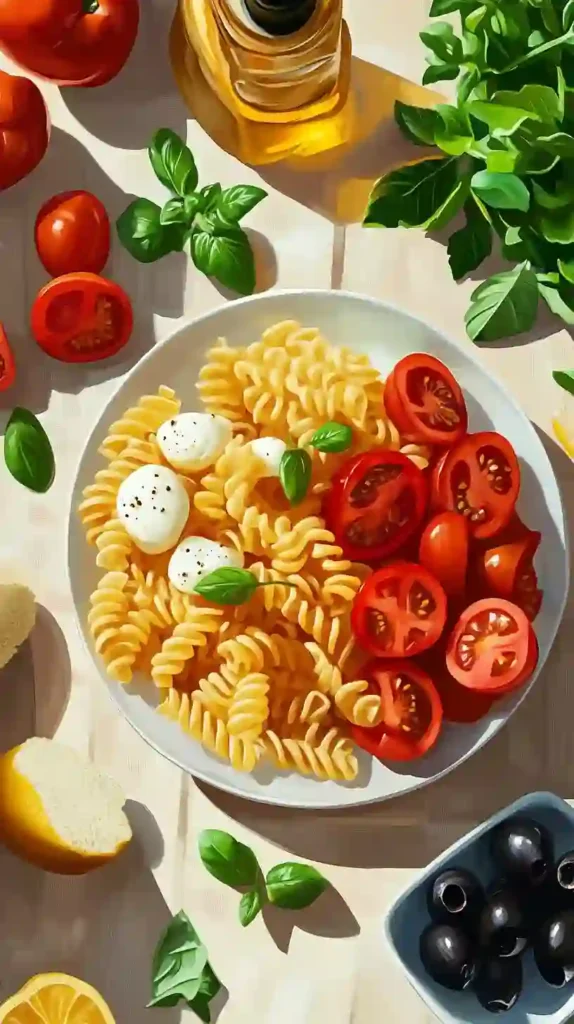 The BEST Italian Pasta Salad You'll Ever Make 2 Flat-lay view of ingredients for an Italian pasta salad including rotini pasta, cherry tomatoes, mozzarella, basil, olives, lemon, and olive oil.