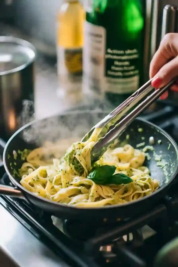 Easy Creamy Pesto Pasta 3 Mixing hot pasta and pesto sauce with tongs in a pan on the stove.