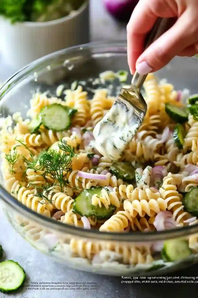 Easy Dill Pickle Pasta Salad You'll Love 3 Close-up, eye-level shot of a hand mixing creamy dill pickle pasta salad in a large glass bowl with a fork, showing rotini pasta, sliced cucumbers (or pickles), red onion, and fresh dill.