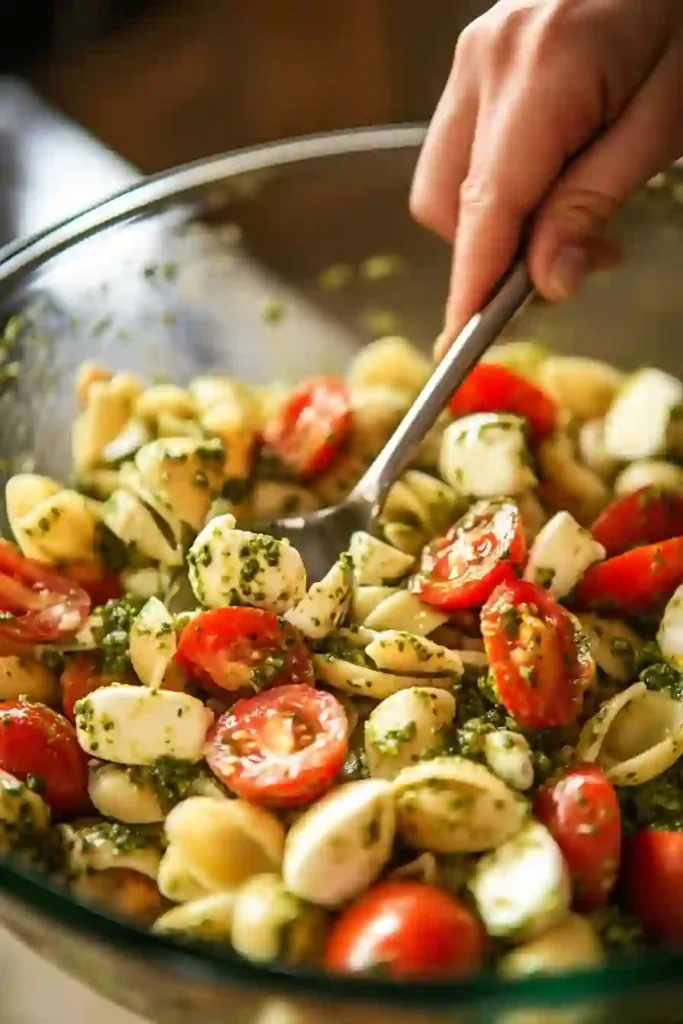 Pesto Pasta Salad Recipe. 3 Mixing pesto pasta salad with tomatoes and mozzarella using a spoon in a glass bowl.
