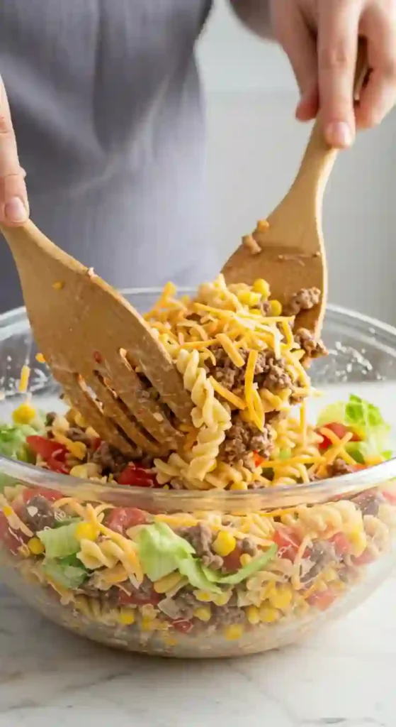 Taco Pasta Salad: Your New Go-To Weeknight Meal 3 Hands using wooden salad servers to gently toss taco pasta salad ingredients – including rotini, ground beef, cheese, lettuce, tomatoes, and corn – in a large glass bowl.