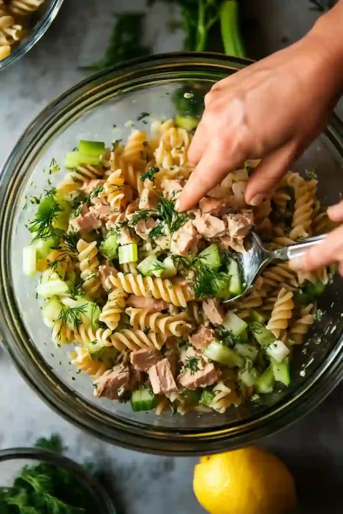 Zesty Lemon-Dill Tuna Pasta Salad Even Kids Love 3 Overhead shot of hands mixing tuna pasta salad in a clear glass bowl.