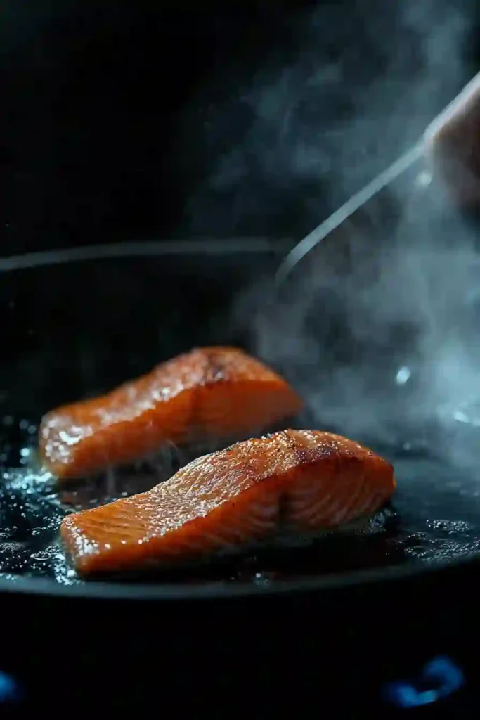 How To Make Perfect Salmon Pesto Pasta ? 3 Close-up action shot of two salmon fillets sizzling in a dark pan with steam rising.