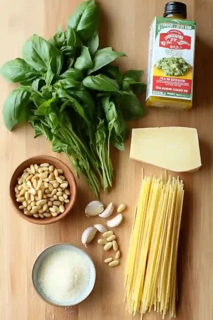 Easy Creamy Pesto Pasta 2 Ingredients for pesto pasta (basil, pine nuts, garlic, cheese, spaghetti, pesto jar) laid flat on a wooden board.