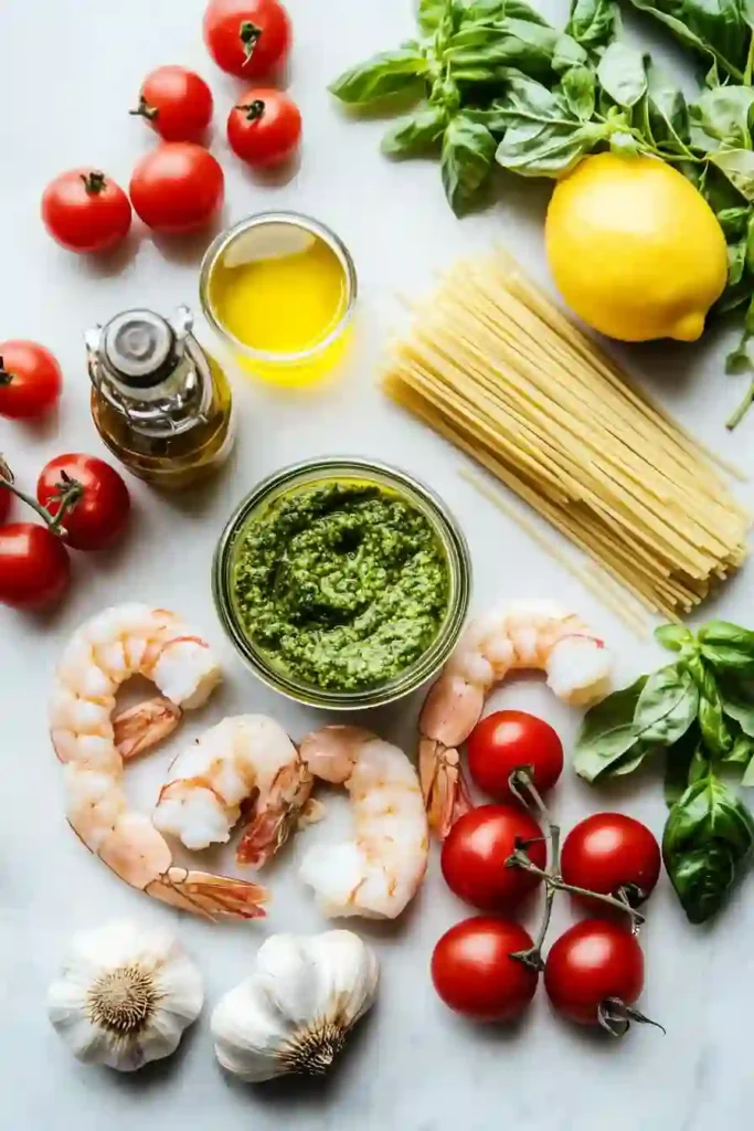 Best Pesto Shrimp Pasta Recipe. 2 Flat lay of ingredients for pesto shrimp pasta, including shrimp, pesto, pasta, tomatoes, garlic, lemon, and basil.