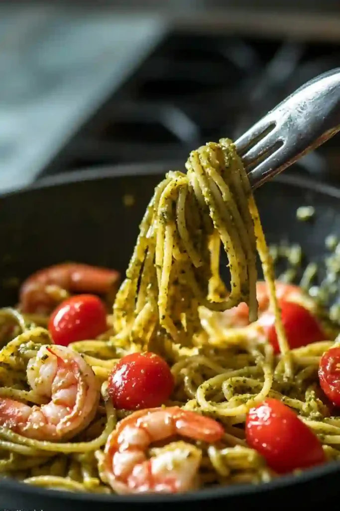 Best Pesto Shrimp Pasta Recipe. 4 Dynamic action shot of pesto shrimp pasta being twirled on a fork above a pan.