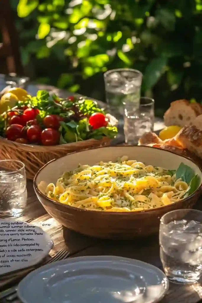 How To Make Perfect Lemon Pesto Pasta (Step-by-Step) 4 A bowl of lemon pesto pasta on an outdoor table setting, with salad, bread, and drinks.