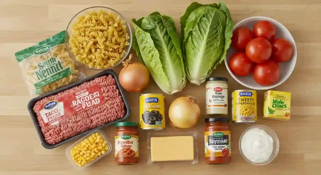 Taco Pasta Salad: Your New Go-To Weeknight Meal 2 A flat lay of all ingredients needed for taco pasta salad, including rotini pasta, ground beef, romaine lettuce, tomatoes, onions, corn, black olives, cheese, salsa, mayonnaise, and sour cream, arranged on a wooden table.