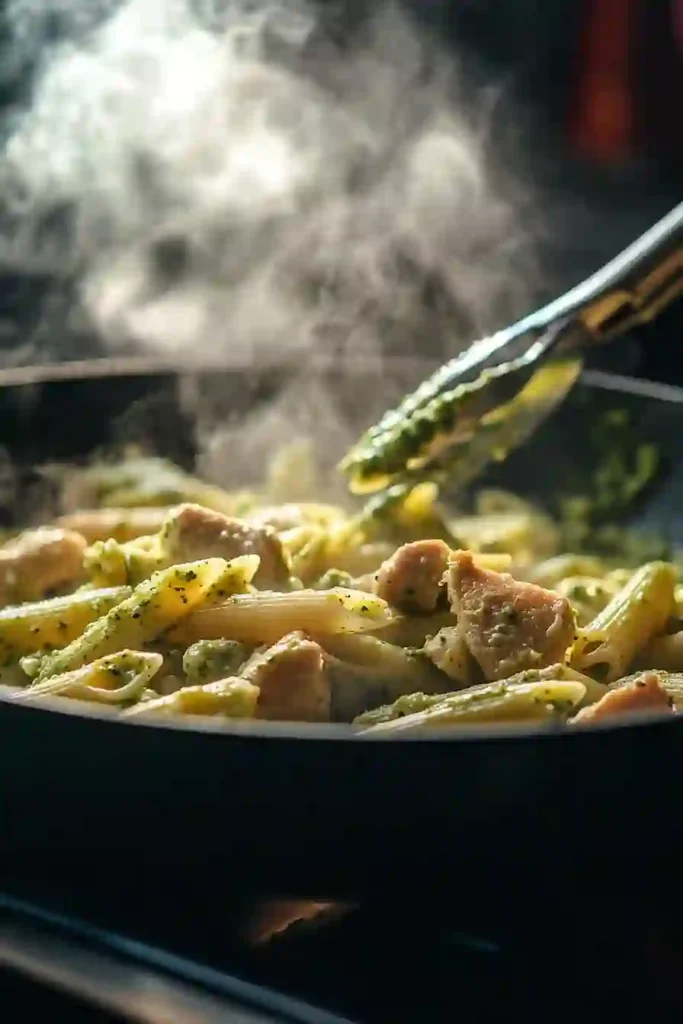 Chicken Pesto Pasta 3 Close-up view of penne pasta and chicken pieces being tossed in a pan with pesto sauce using tongs, with steam rising from the hot dish.