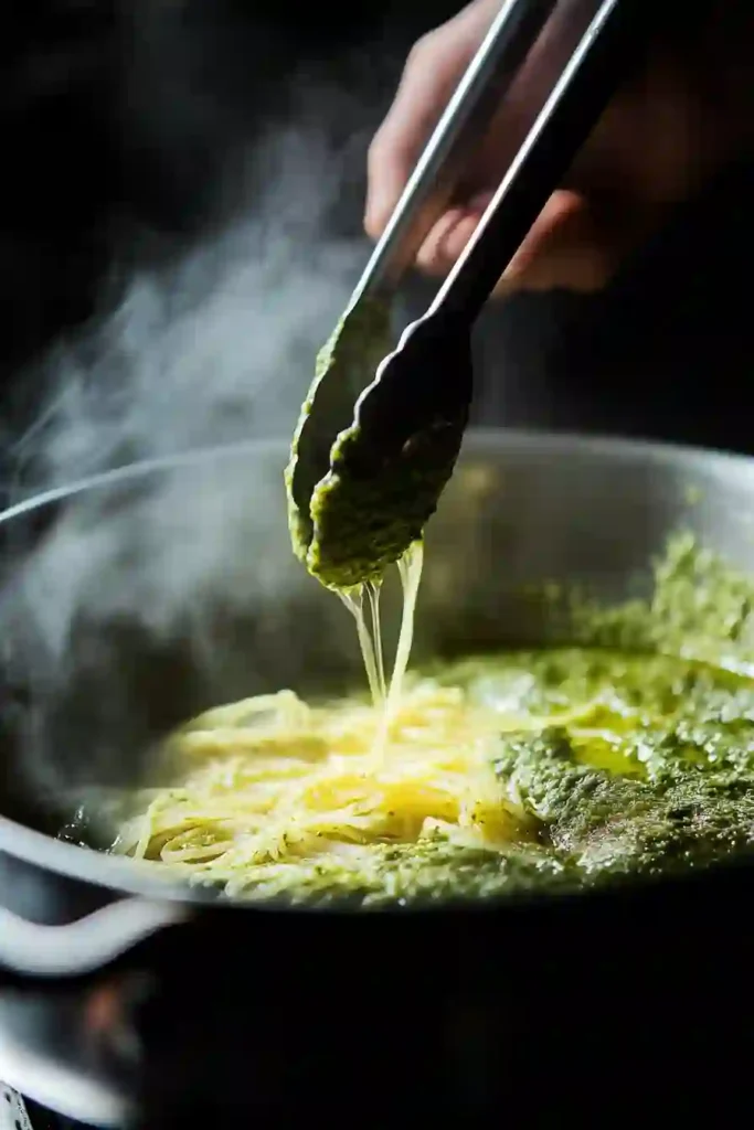 How To Make Perfect Lemon Pesto Pasta (Step-by-Step) 3 Tongs mixing spaghetti with green pesto sauce in a pot, with steam rising.