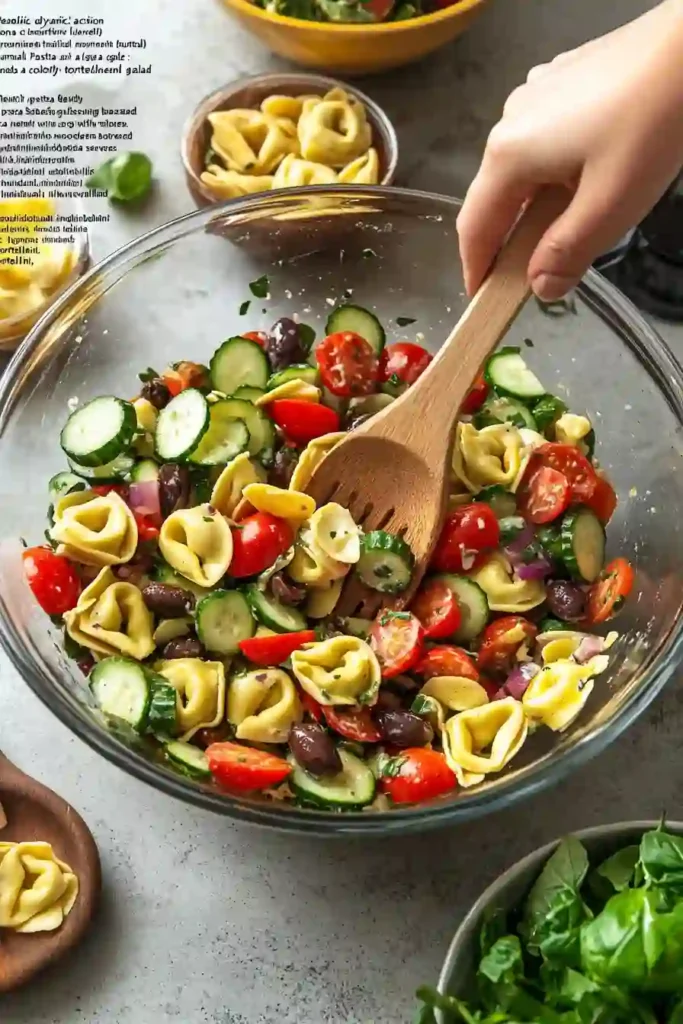 Easy Tortellini Pasta Salad: 3 Dynamic action shot of tortellini pasta salad being mixed in a glass bowl, ingredients include fresh vegetables and tortellini.
