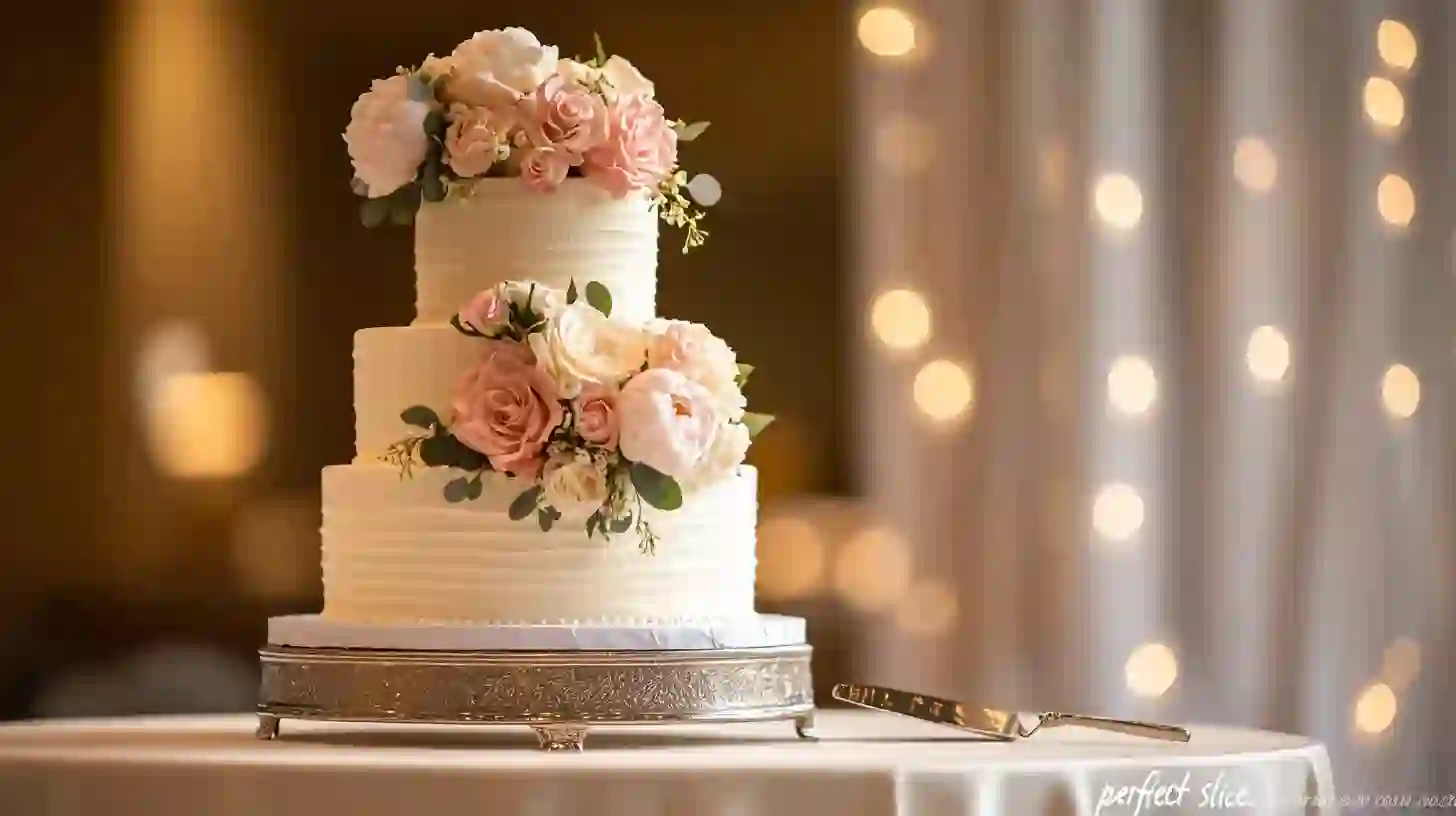 Elegant three-tier wedding cake with blush and cream flowers on a silver stand, set against a romantic bokeh light background – a perfect slice example for your wedding.