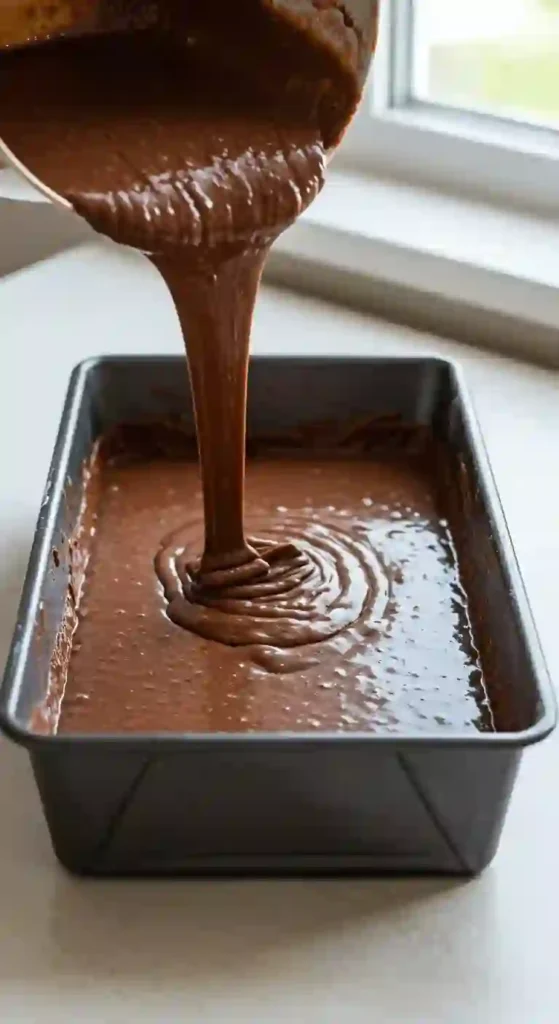 Quick Chocolate Cake: Deliciousness In Under An Hour 3 Rich, glossy chocolate cake batter being poured from a bowl into a rectangular metal baking pan, ready for baking.