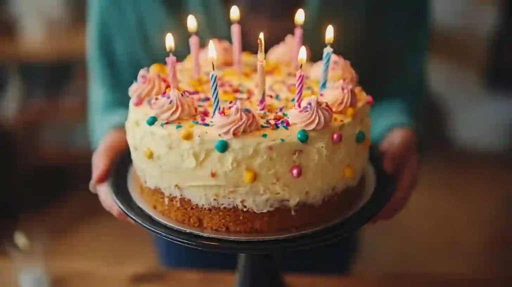 Easy Birthday Cake Recipe Anyone Can Make (Delicious!) 2 Close-up of hands presenting a delicious birthday cake from our easy recipe, adorned with lit candles and festive decorations.