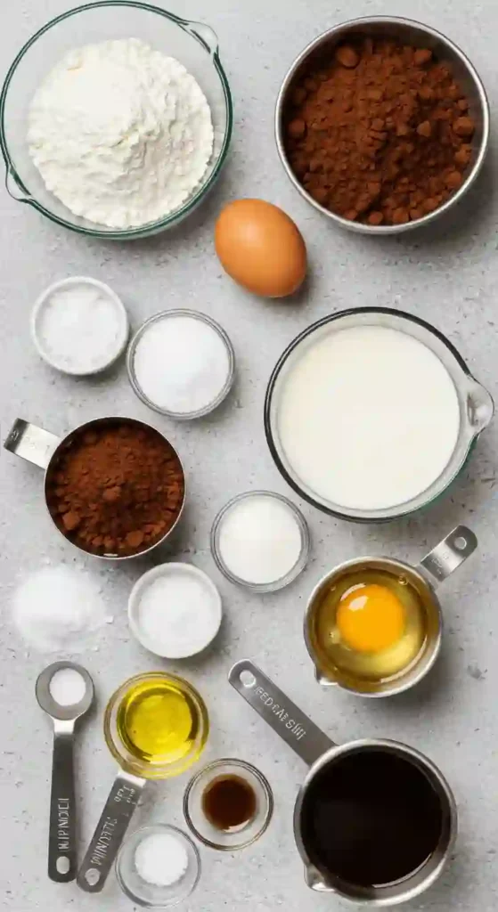 Quick Chocolate Cake: Deliciousness In Under An Hour 2 Neatly arranged baking ingredients for a quick chocolate cake recipe, including flour, cocoa powder, sugar, egg, milk, oil, and leavening agents, viewed from above on a grey textured background.
